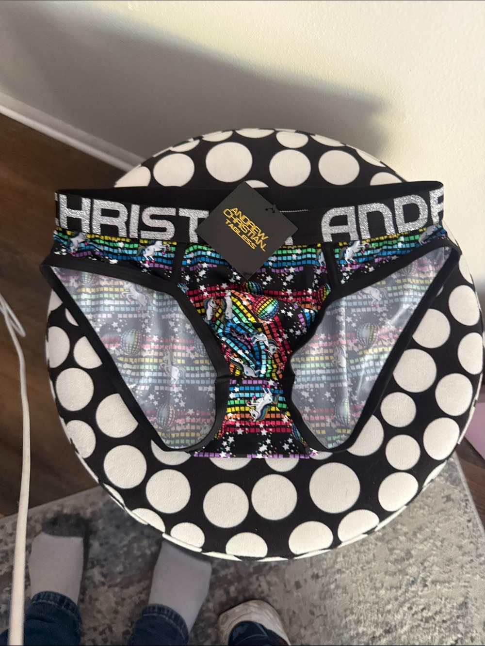 Andrew Christian mens Rainbow Print Bikini Briefs - Black Trim
